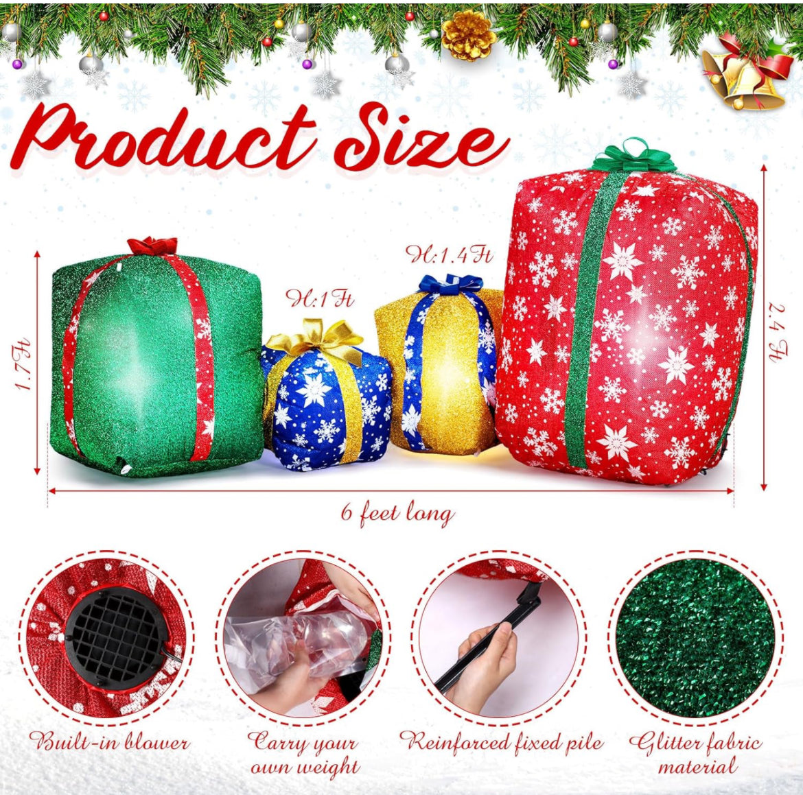 4 cajas de regalo inflables gigantes con purpurina de 6 pies iluminadas para decoración al aire libre, cajas de regalo de Navidad gigantes con soplador automático, cajas de regalo