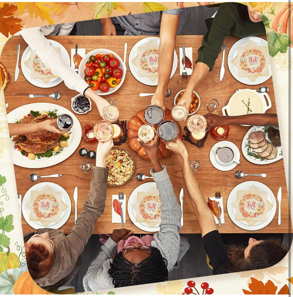 Homlouue 100 servilletas de otoño, 3 capas de corona de otoño con texto en inglés "It's Fall Y'all", servilletas de papel de Acción de Gracias, servilletas desechables de hojas de calabazas para decoraciones de Acción de Gracias, decoración de cena