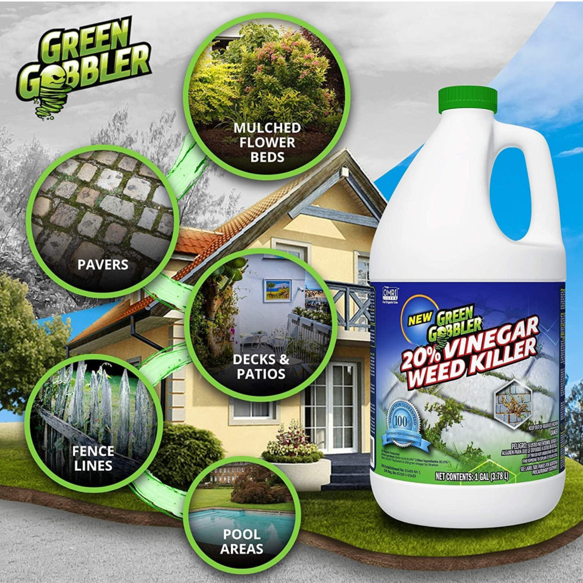 Green Gobbler 20% vinagre herbicida y hierba | Natural y orgánico | 1 galón | Herbicida libre de glifosato