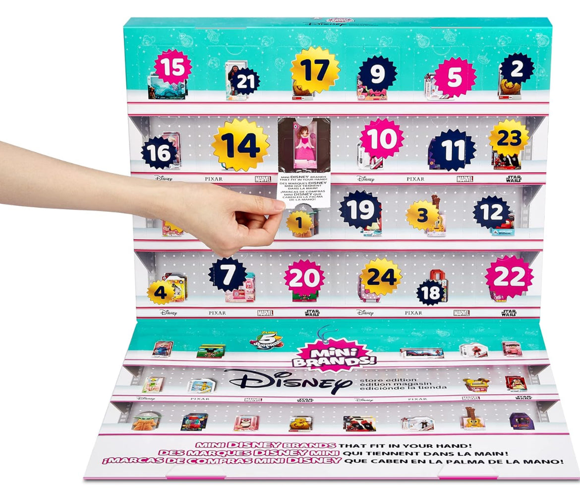 Mini Brands Disney Minis by ZURU Calendario de Adviento de edición limitada con 4 miniaturas exclusivas, juguetes coleccionables misteriosos viene con 24 miniaturas