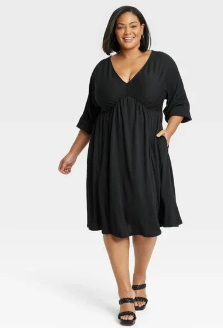 2X - Vestido de punto de cintura imperio de manga 3/4 para mujer Dolman - Ava Viv - Negro