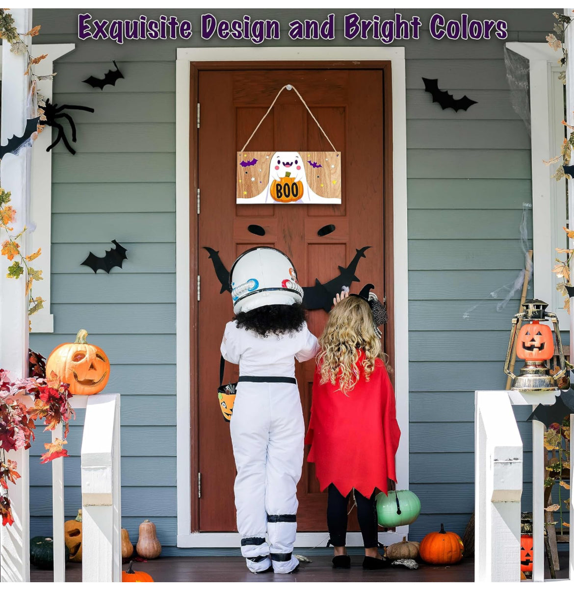 Letrero colgante de madera de Halloween, boo fantasma de Halloween, placas colgantes de madera para puerta delantera, suministros de decoración al aire libre para fiesta de Halloween