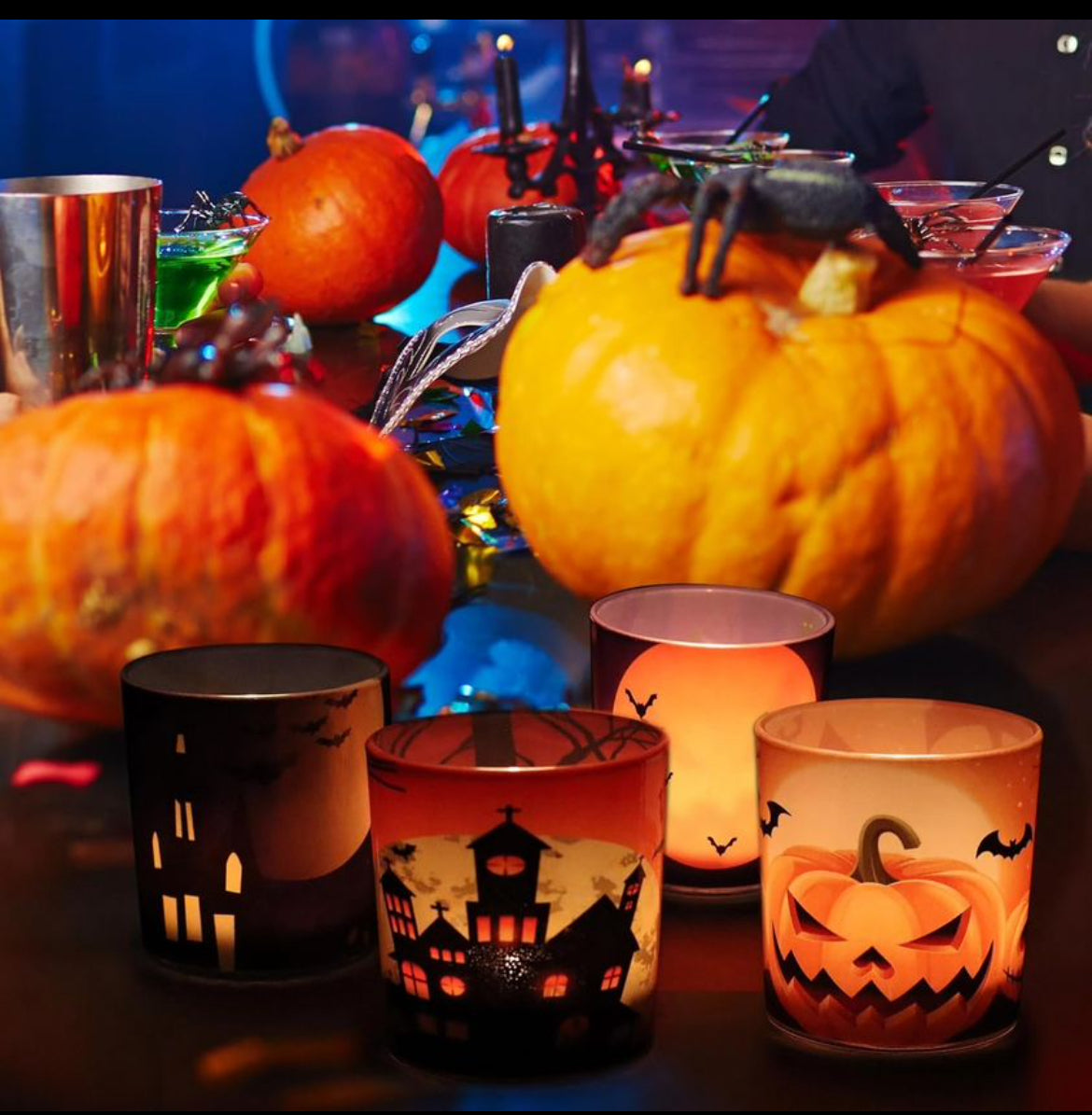 Portavelas de Halloween 4PCS, SHMILMH Portavelas votivas de vidrio Telarros de velas para centros de mesa de Halloween, chimenea, repisa
