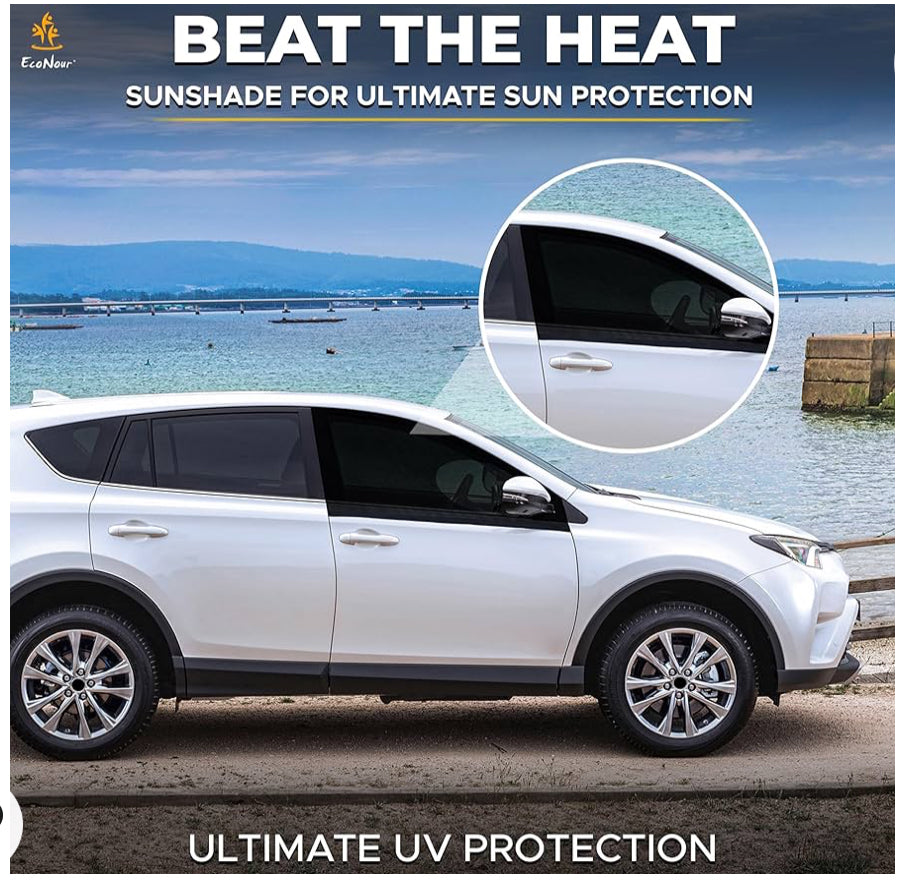 EcoNour Parasoles para ventana lateral delantera de automóvil compatibles con Toyota Rav4 | Paquete de 2 cortinas de malla transpirable súper elástica | Bloqueo de calor protección UV para ventana