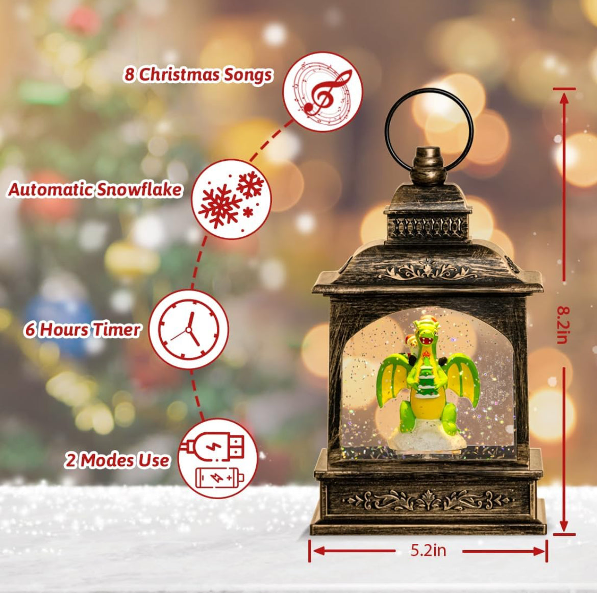 Linterna de globo de nieve de Navidad, dinosaurio brillante de agua con música, forro USB/funciona con pilas, linterna iluminada para decoración de festivales de Navidad, regalos