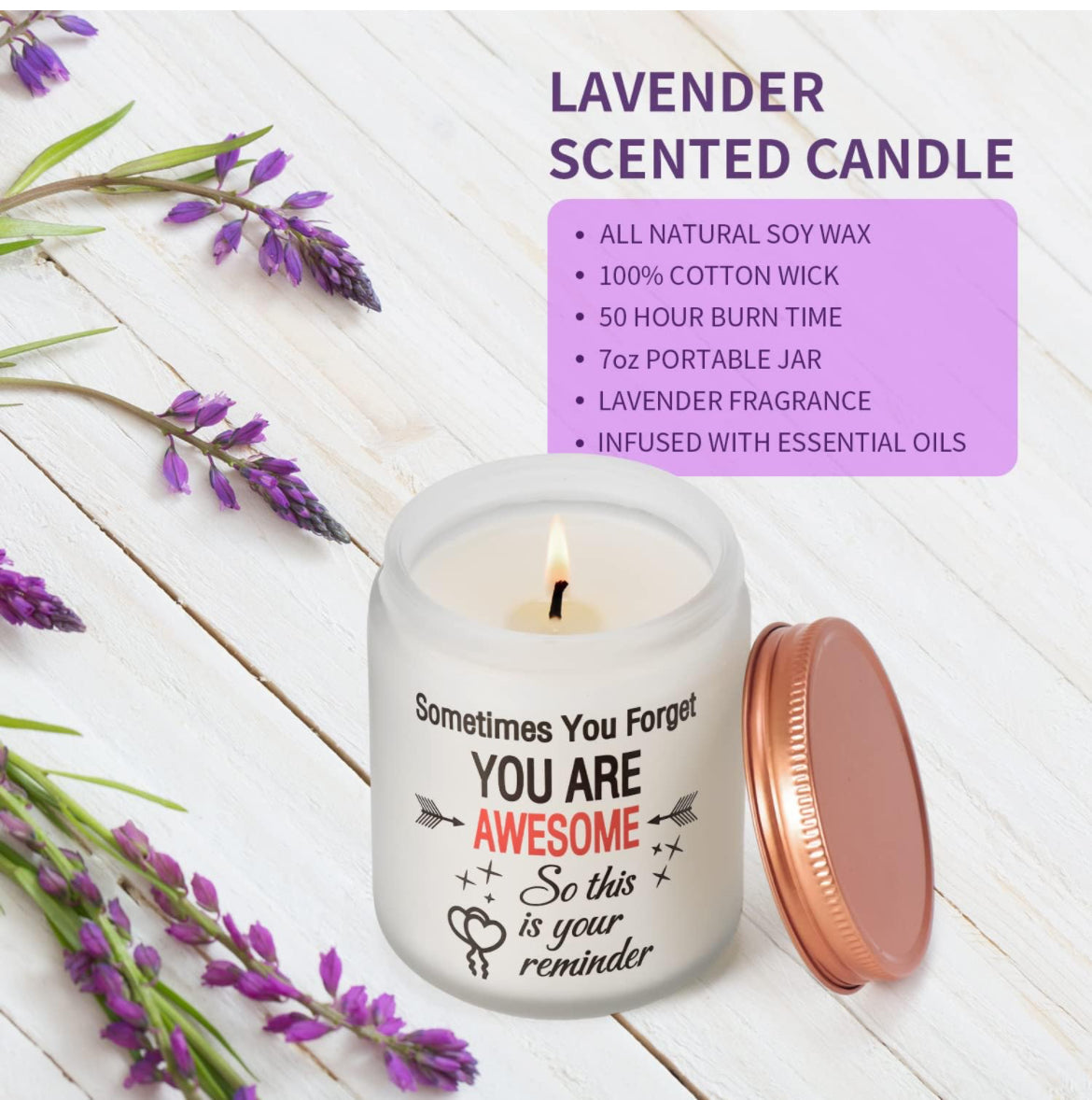 Thank You Gifts - Vela perfumada con aroma a lavanda, divertidos regalos inspiradores para mujeres, mamá, hija, hermana, tía, amigas, 100% soja, 7 onzas