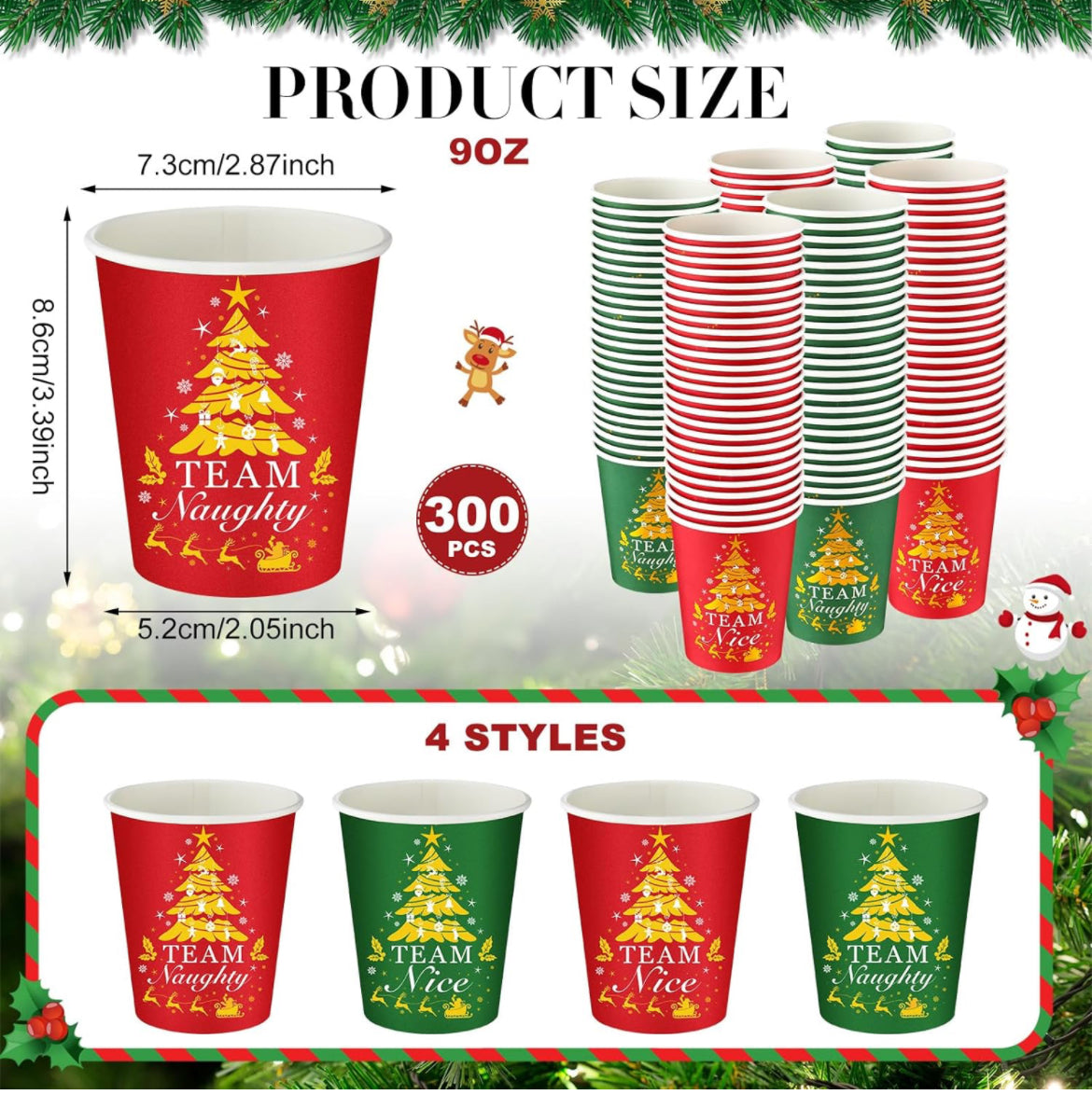 300 vasos de papel de Navidad, vasos de café desechables de Navidad, suministros de fiesta para bebidas calientes y frías, decoración de tazas de café rojo y verde (9 onzas)