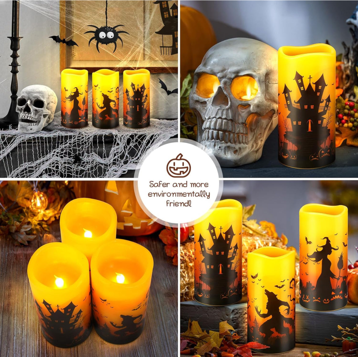 Velas LED sin llama de Halloween, 3 unidades, decoración de Halloween, funciona con pilas, juego de 3 velas rústicas de pilar de cera real con brujas, hombres lobo, murciélagos, castillos, bosques