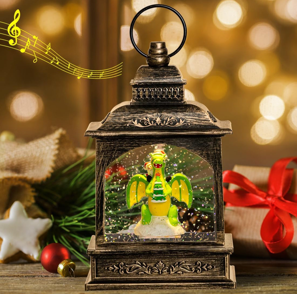 Linterna de globo de nieve de Navidad, dinosaurio brillante de agua con música, forro USB/funciona con pilas, linterna iluminada para decoración de festivales de Navidad, regalos