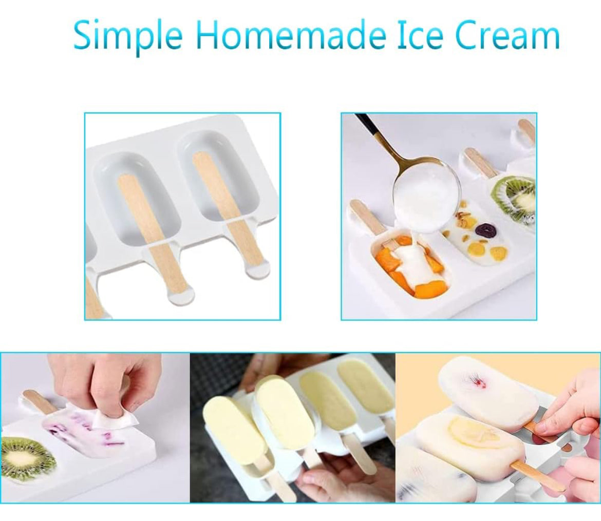 Ouddy Life Moldes de paletas Juego de 2, moldes de helado de silicona Molde de helado de 4 cavidades Molde con 100 palos de madera para paletas de bricolaje+ bolsas y alambres dorados , moldes blancos