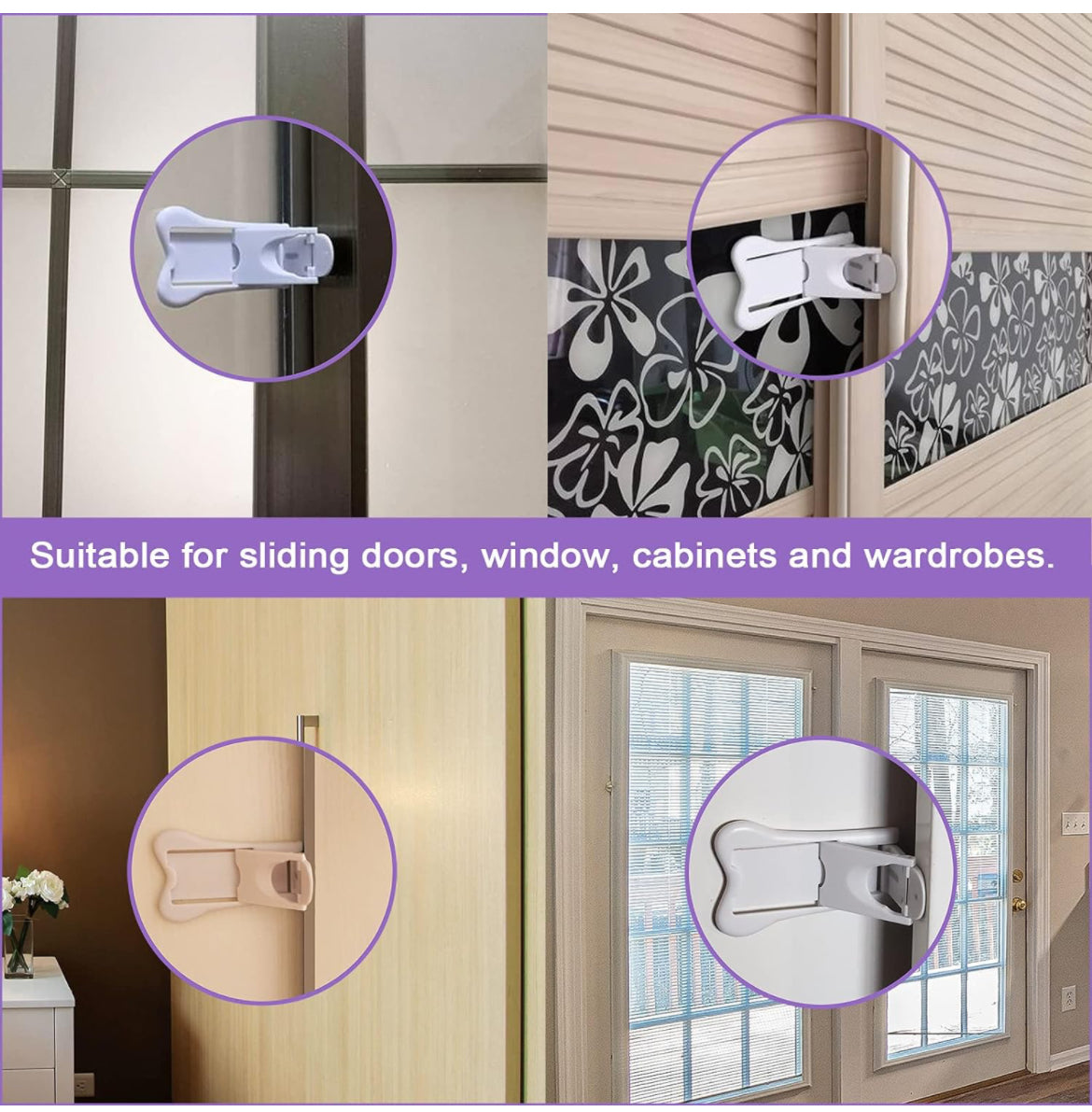 Cerradura de puerta corredera para la seguridad de los niños, tapones de ventana para ventanas verticales, cerradura de puerta de patio corredera para prueba de bebés (paquete de 4)