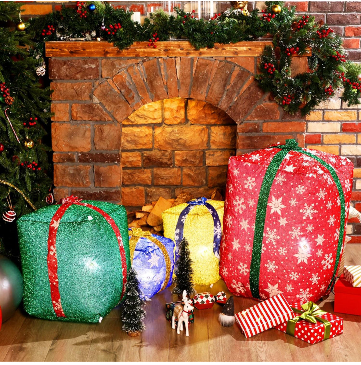 4 cajas de regalo inflables gigantes con purpurina de 6 pies iluminadas para decoración al aire libre, cajas de regalo de Navidad gigantes con soplador automático, cajas de regalo