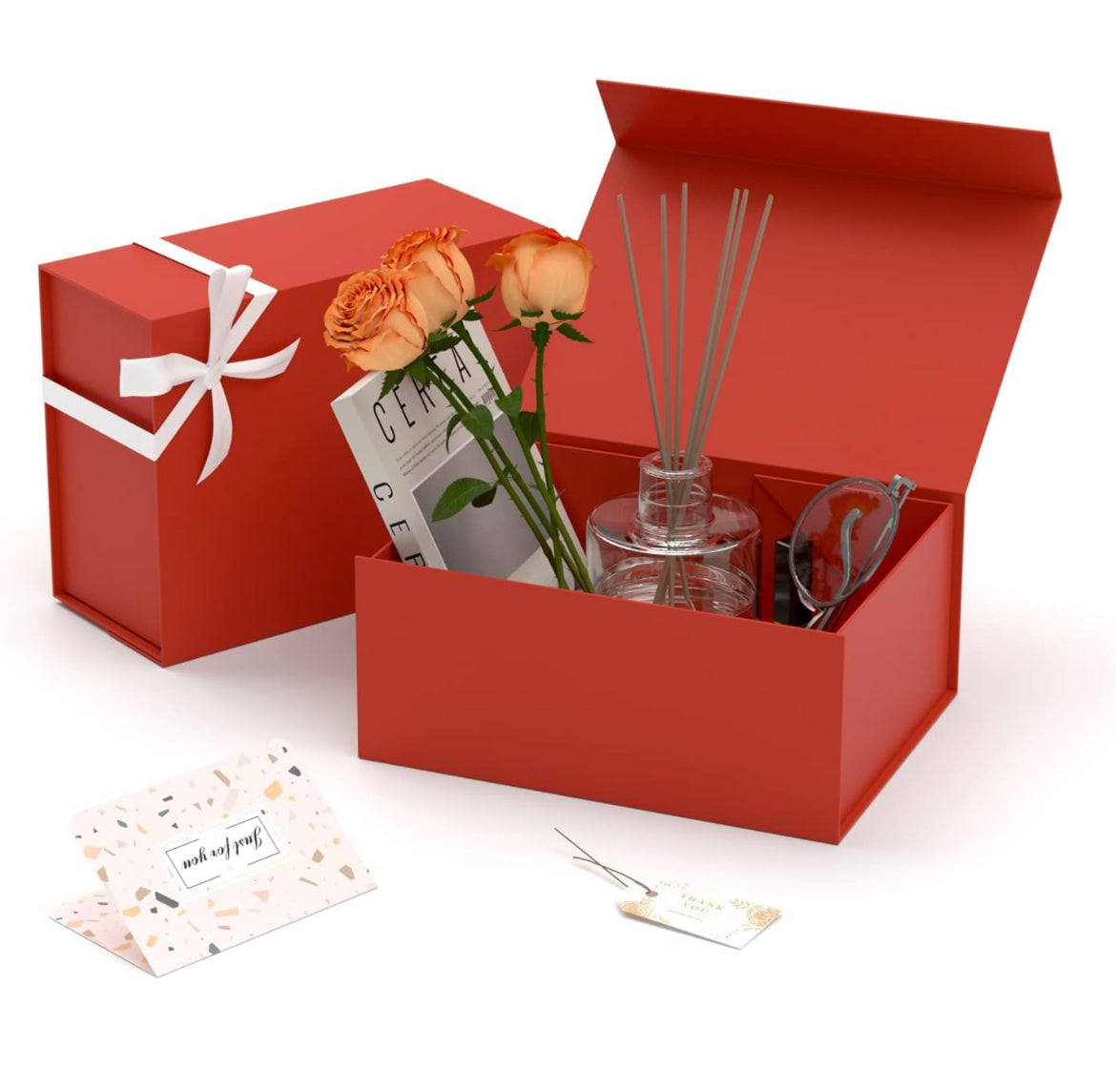 Paquete de 2 cajas de regalo rojas de 7.4 x 7 x 3 pulgadas, cajas de regalo pequeñas con tapas magnéticas y cinta