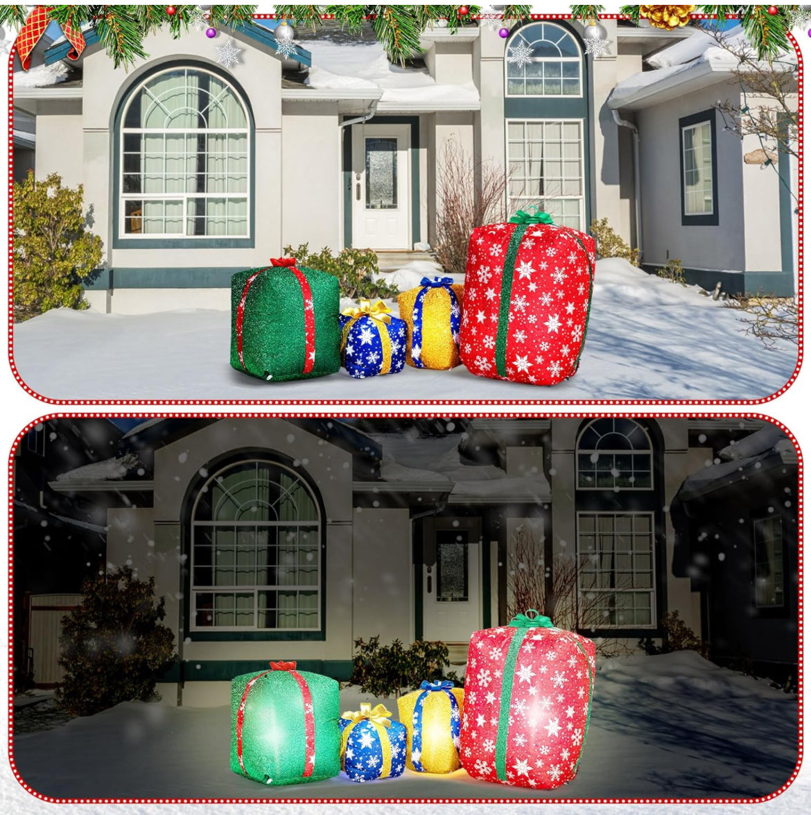 4 cajas de regalo inflables gigantes con purpurina de 6 pies iluminadas para decoración al aire libre, cajas de regalo de Navidad gigantes con soplador automático, cajas de regalo