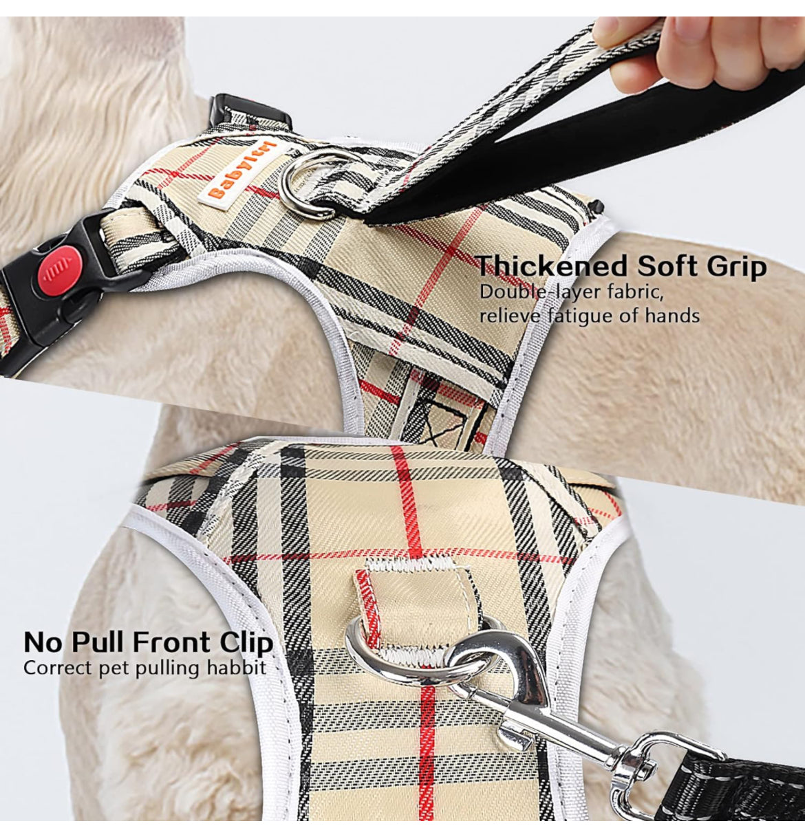 Arnés sin tirones para perro, con correa y cuello, arnés ajustable de chaleco reflectante Oxford sin estrangulamiento, arnés suave para perros pequeños, medianos y grandes, arnés de fácil control (caqui a cuadros, XL)