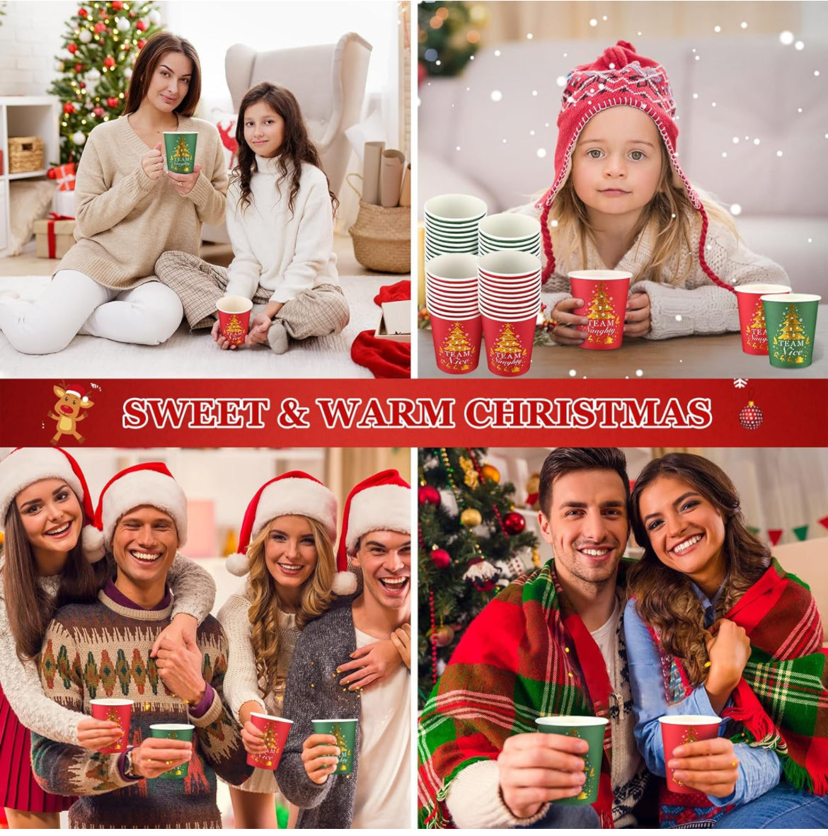 300 vasos de papel de Navidad, vasos de café desechables de Navidad, suministros de fiesta para bebidas calientes y frías, decoración de tazas de café rojo y verde (9 onzas)