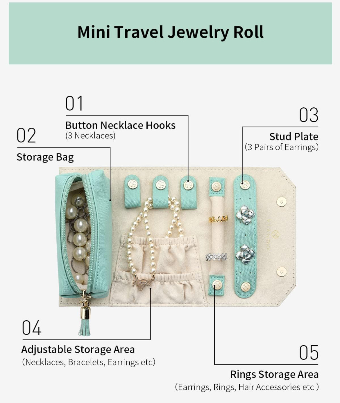 Joyero en Rollo - joyería portátil, lápiz labial/caja de almacenamiento de joyas diarias- celeste