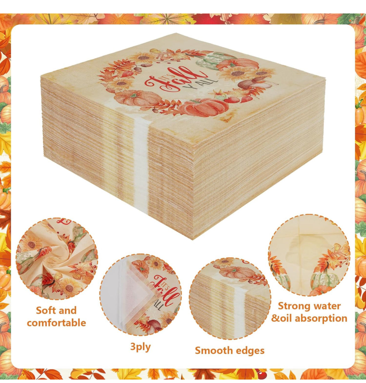 Homlouue 100 servilletas de otoño, 3 capas de corona de otoño con texto en inglés "It's Fall Y'all", servilletas de papel de Acción de Gracias, servilletas desechables de hojas de calabazas para decoraciones de Acción de Gracias, decoración de cena