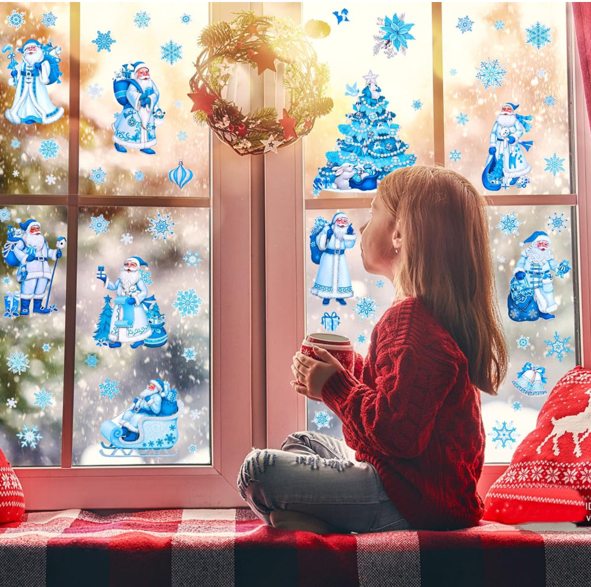 Adhesivos de Navidad para ventanas de vidrio, Santa Claus, calcomanías de ventana de Navidad, calcomanías de ventana de Navidad, calcomanías de copo de nieve con purpurina para ventanas de invierno,
