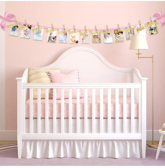 Cartel de fotos de bebé de primer cumpleaños para niñas, pancarta rosa para fotografía de primer cumpleaños desde recién nacido hasta 12 meses, guirnalda de banderines mensual para bebé