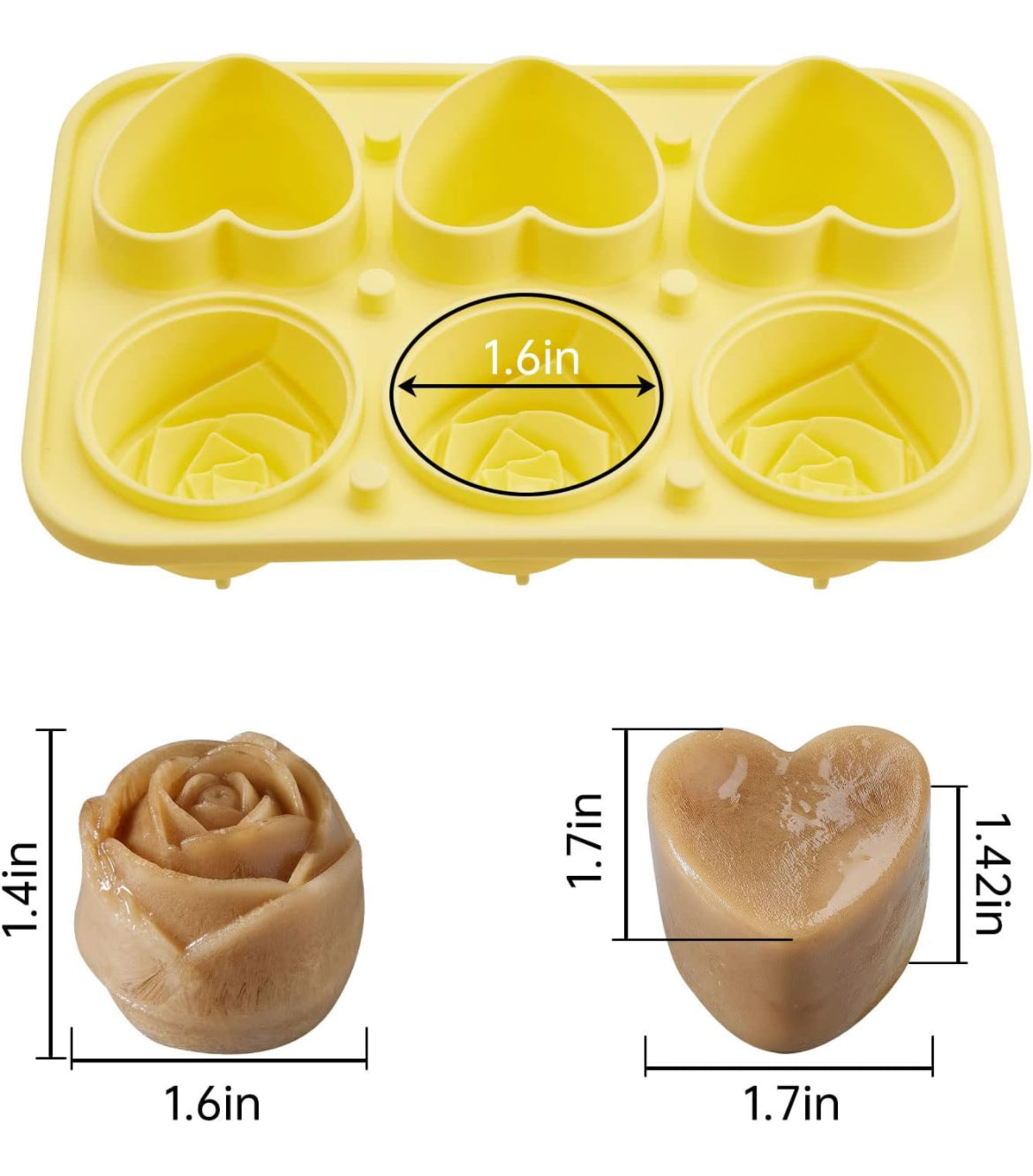Bandejas de silicona para cubitos de hielo con forma de corazón de rosa, bandeja redonda de silicona de fácil liberación con tapas para cócteles de whisky y hechos en casa, mantiene las bebidas frías (amarillo)