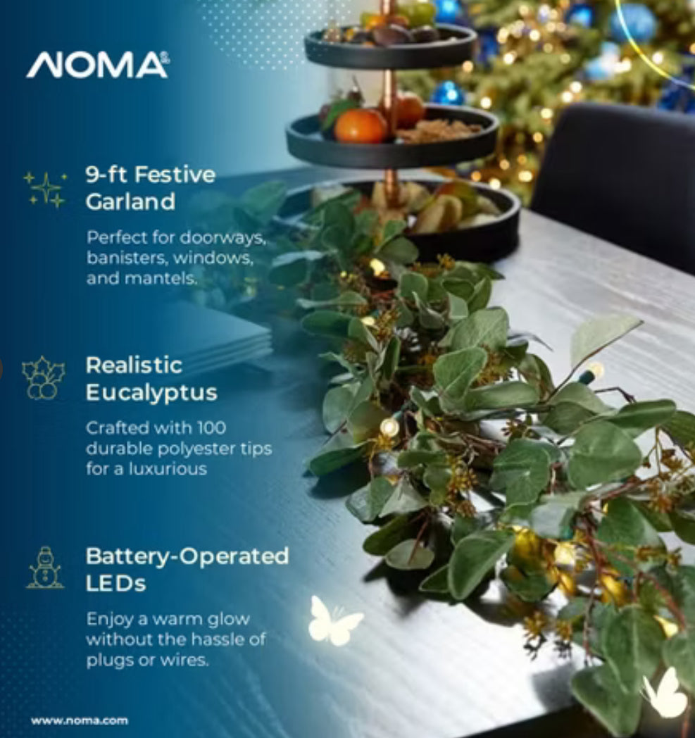 NOMA Guirnalda navideña de eucalipto flocado con LED preiluminado de 9 pies Decoración navideña con luces que funcionan con pilas, 35 luces blancas cálidas, 100 puntas de pino