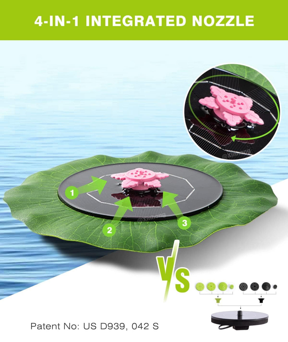 Bomba de fuente solar con hoja de loto, fuente de energía solar de 3 W con 6 boquillas, fuente de baño solar flotante para pájaros, alimentador de pájaros, suministros de jardinería