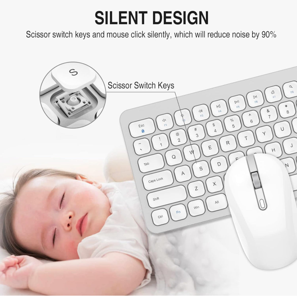 Combinación de teclado y ratón inalámbricos, conjunto compacto de teclado y ratón inalámbrico de tamaño completo, menos teclas de ruido 2.4G Diseño elegante ultrafino para Windows, ordenador, PC, portátil, portátil - Plata