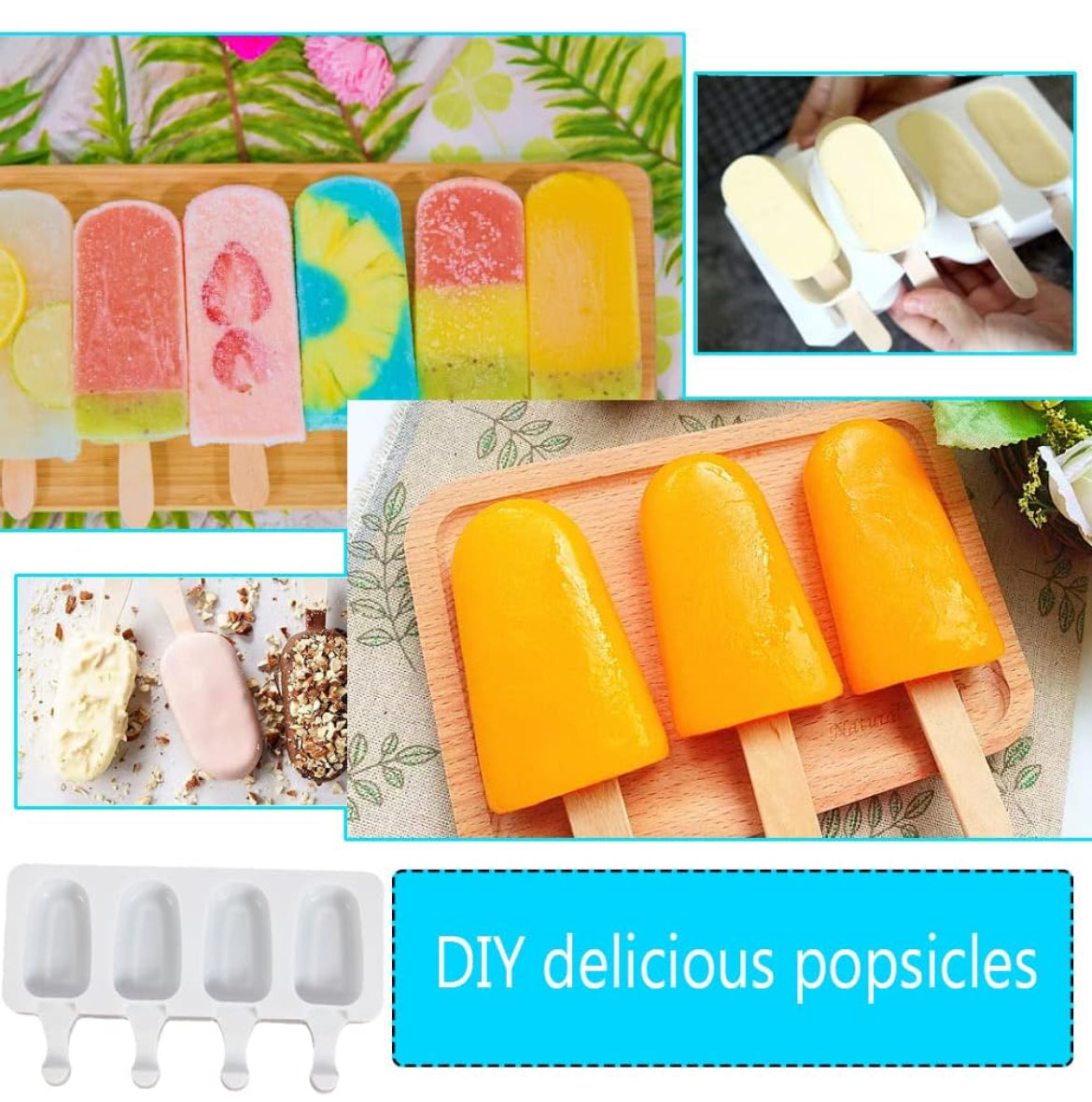 Ouddy Life Moldes de paletas Juego de 2, moldes de helado de silicona Molde de helado de 4 cavidades Molde con 100 palos de madera para paletas de bricolaje+ bolsas y alambres dorados , moldes blancos
