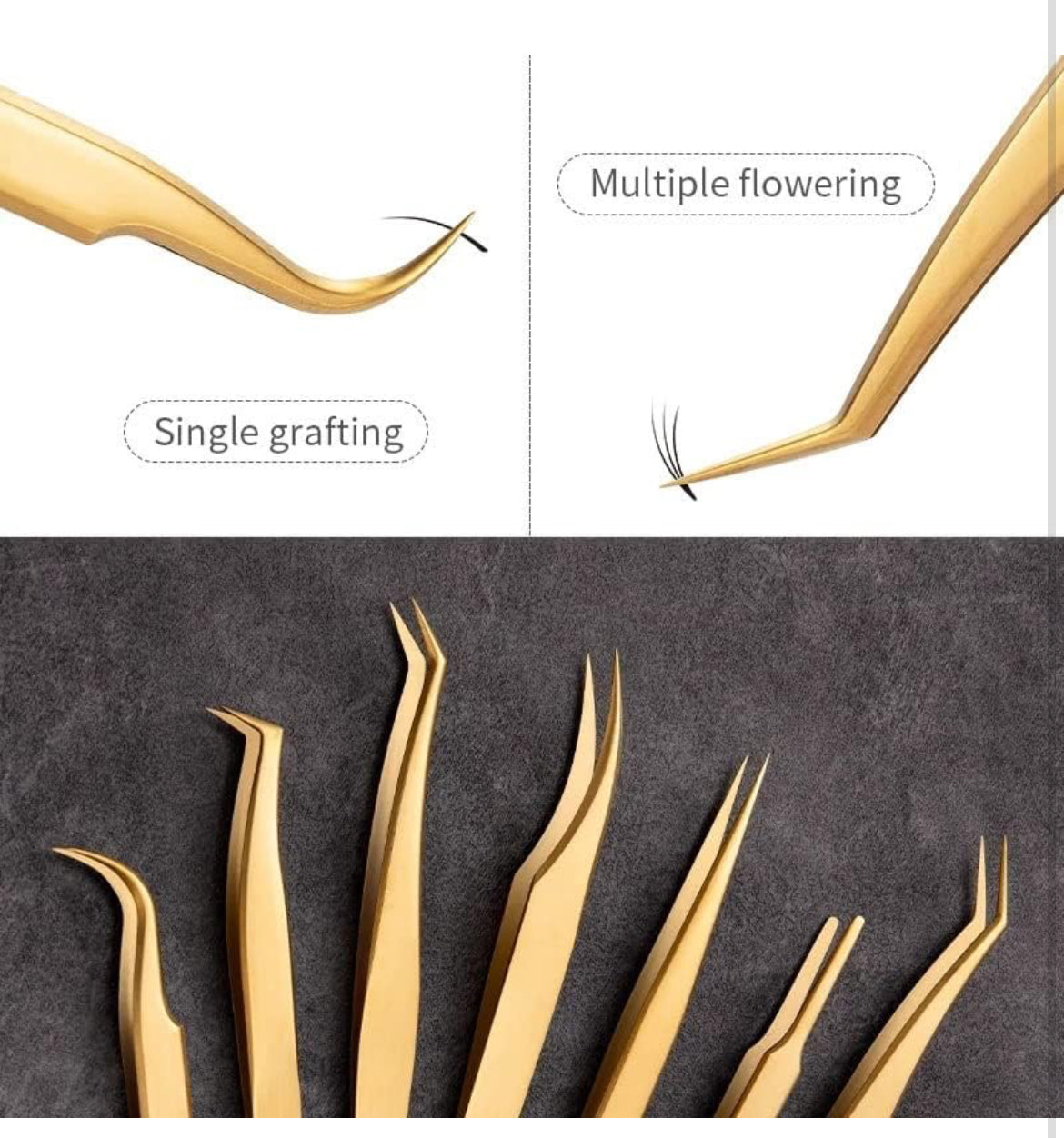 Juego de 7 pinzas de extensión de pestañas, pinzas de precisión doradas, juego de herramientas de maquillaje