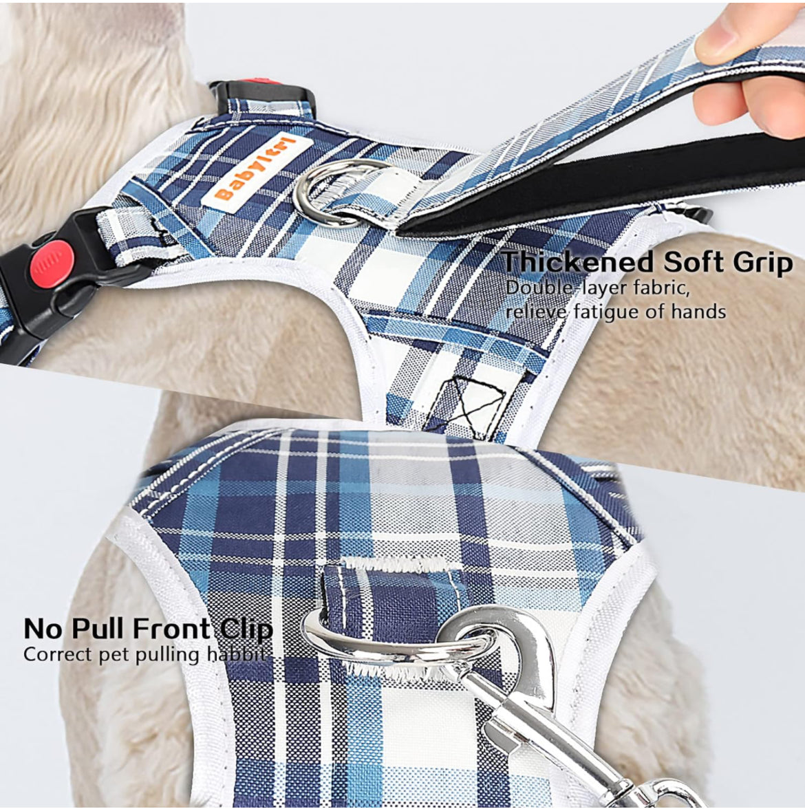 Arnés sin tirones para perro, con correa y cuello, arnés ajustable de chaleco reflectante Oxford sin estrangulamiento, arnés suave para perros pequeños, medianos y grandes, arnés de fácil control (azul a cuadros, M)
