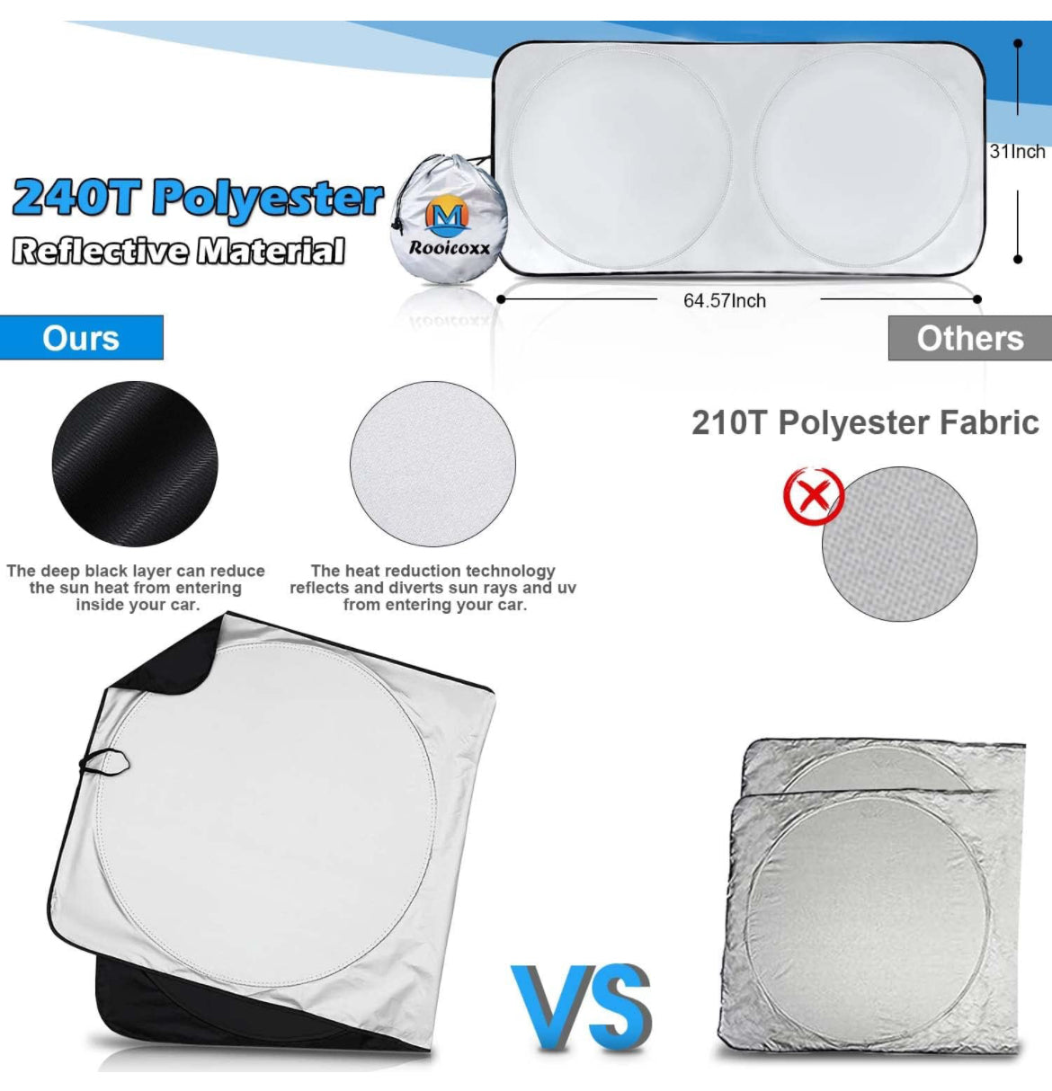 Parasol plegable para parabrisas de automóvil, reflector UV, parasol duradero de material 240T para protección contra el calor UV y solar, mantiene el vehículo fresco (70 x 35 pulgadas)