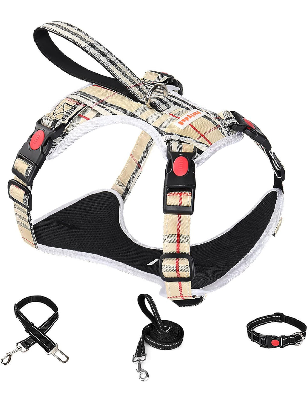 Arnés sin tirones para perro, con correa y cuello, arnés ajustable de chaleco reflectante Oxford sin estrangulamiento, arnés suave para perros pequeños, medianos y grandes, arnés de fácil control (caqui a cuadros, XL)