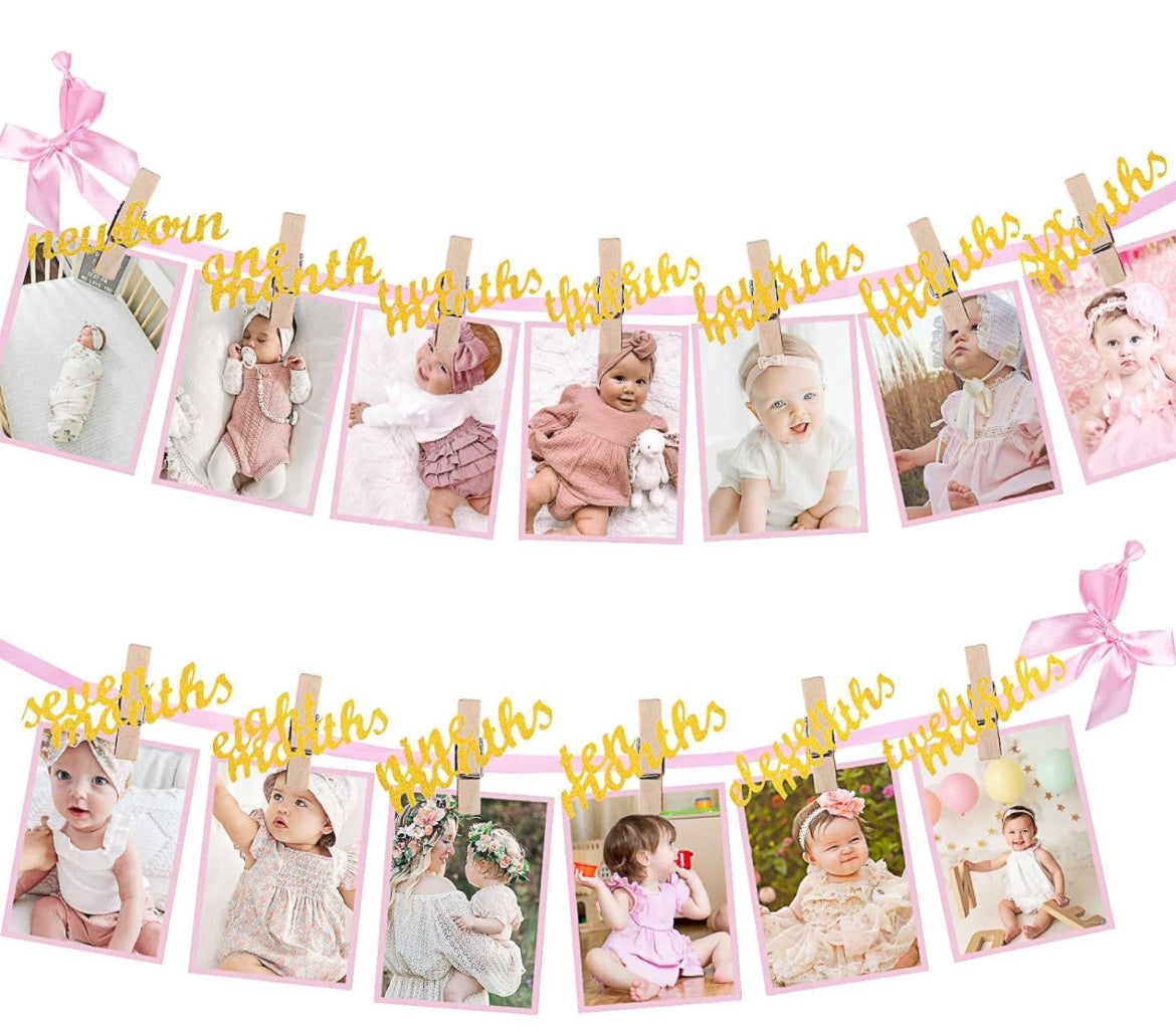 Cartel de fotos de bebé de primer cumpleaños para niñas, pancarta rosa para fotografía de primer cumpleaños desde recién nacido hasta 12 meses, guirnalda de banderines mensual para bebé