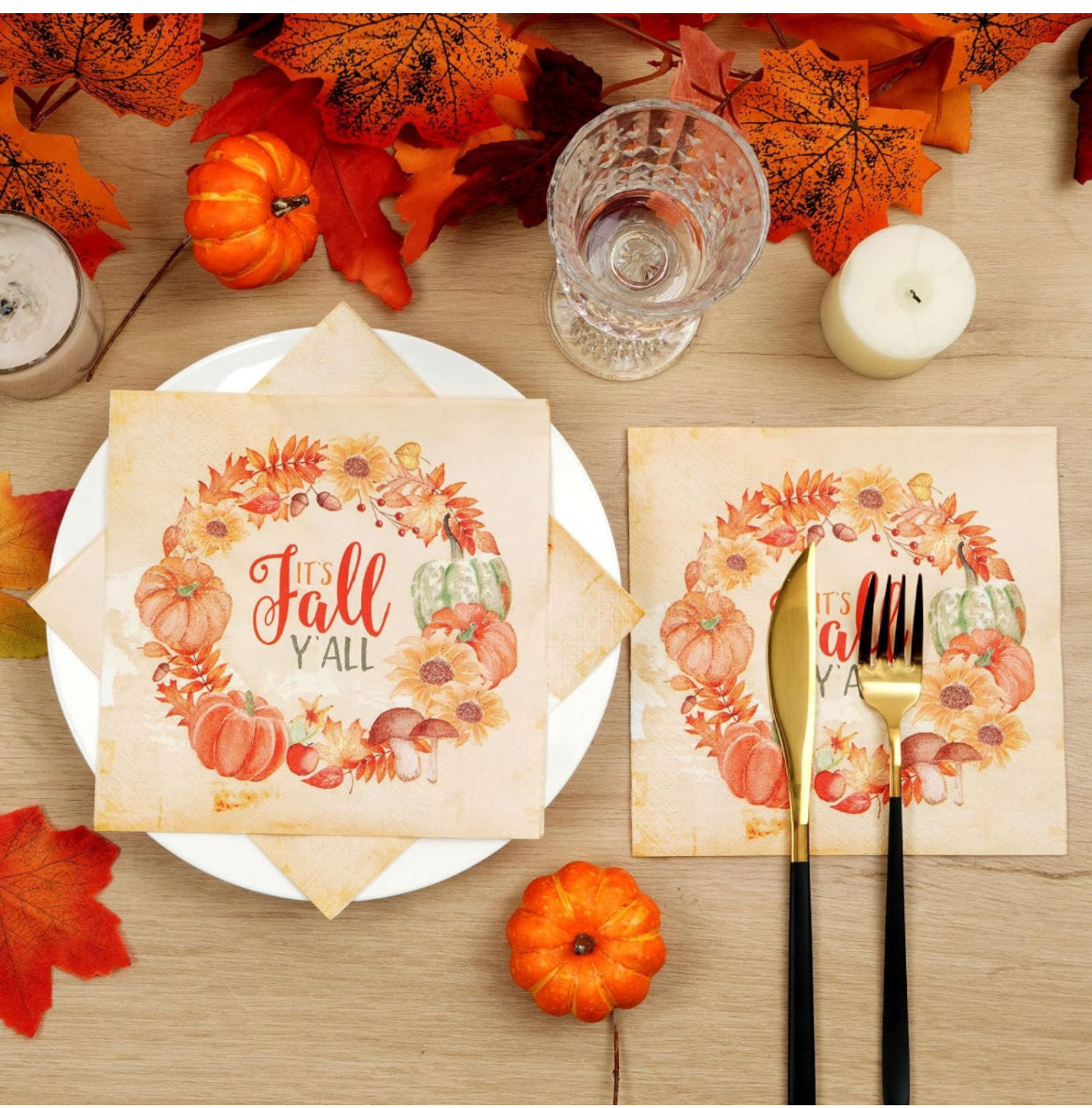 Homlouue 100 servilletas de otoño, 3 capas de corona de otoño con texto en inglés "It's Fall Y'all", servilletas de papel de Acción de Gracias, servilletas desechables de hojas de calabazas para decoraciones de Acción de Gracias, decoración de cena