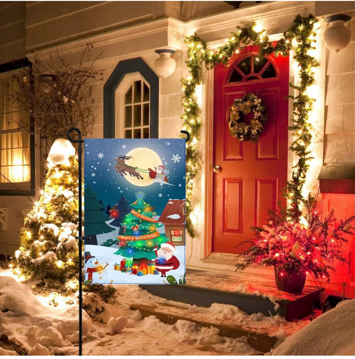 Bandera de jardín de Navidad, con luz LED, vertical, de doble cara, de arpillera, para decoración de Navidad al aire libre (12 x 18 pulgadas), bandera de Navidad 01