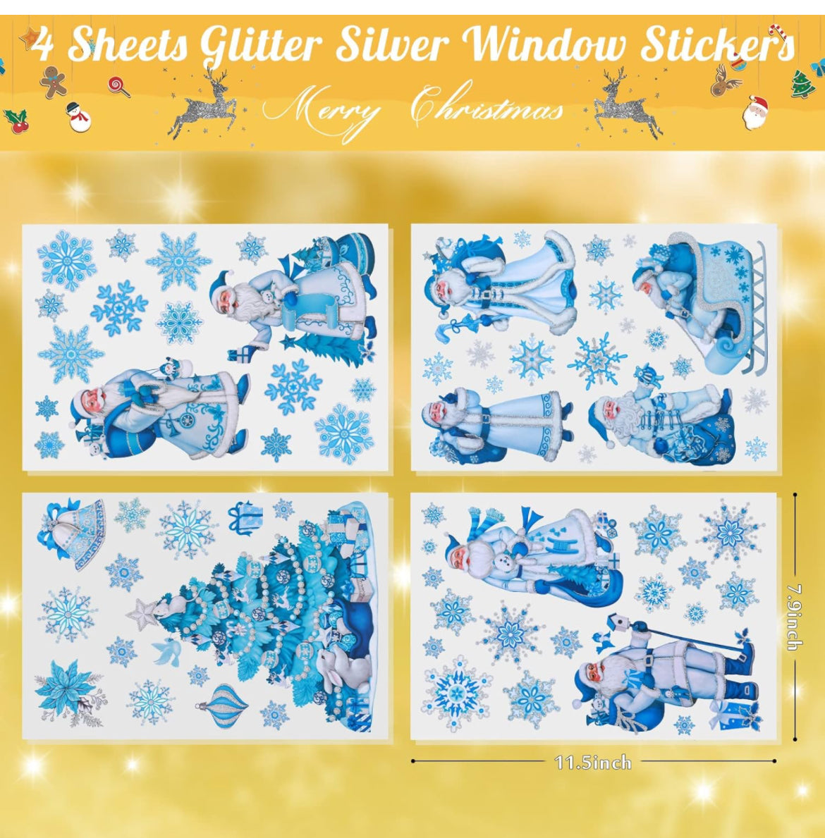 Adhesivos de Navidad para ventanas de vidrio, Santa Claus, calcomanías de ventana de Navidad, calcomanías de ventana de Navidad, calcomanías de copo de nieve con purpurina para ventanas de invierno,