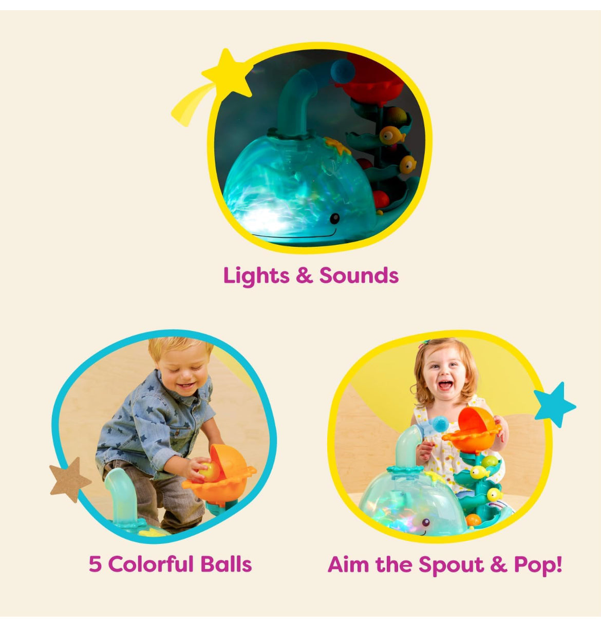 B. toys - B. play- Popper musical de ballena con luces - Desarrollo sensorial y motor fino - Juguete para bebé con 4 bolas - Bebés, niños pequeños, ballena amapola- 9 meses +