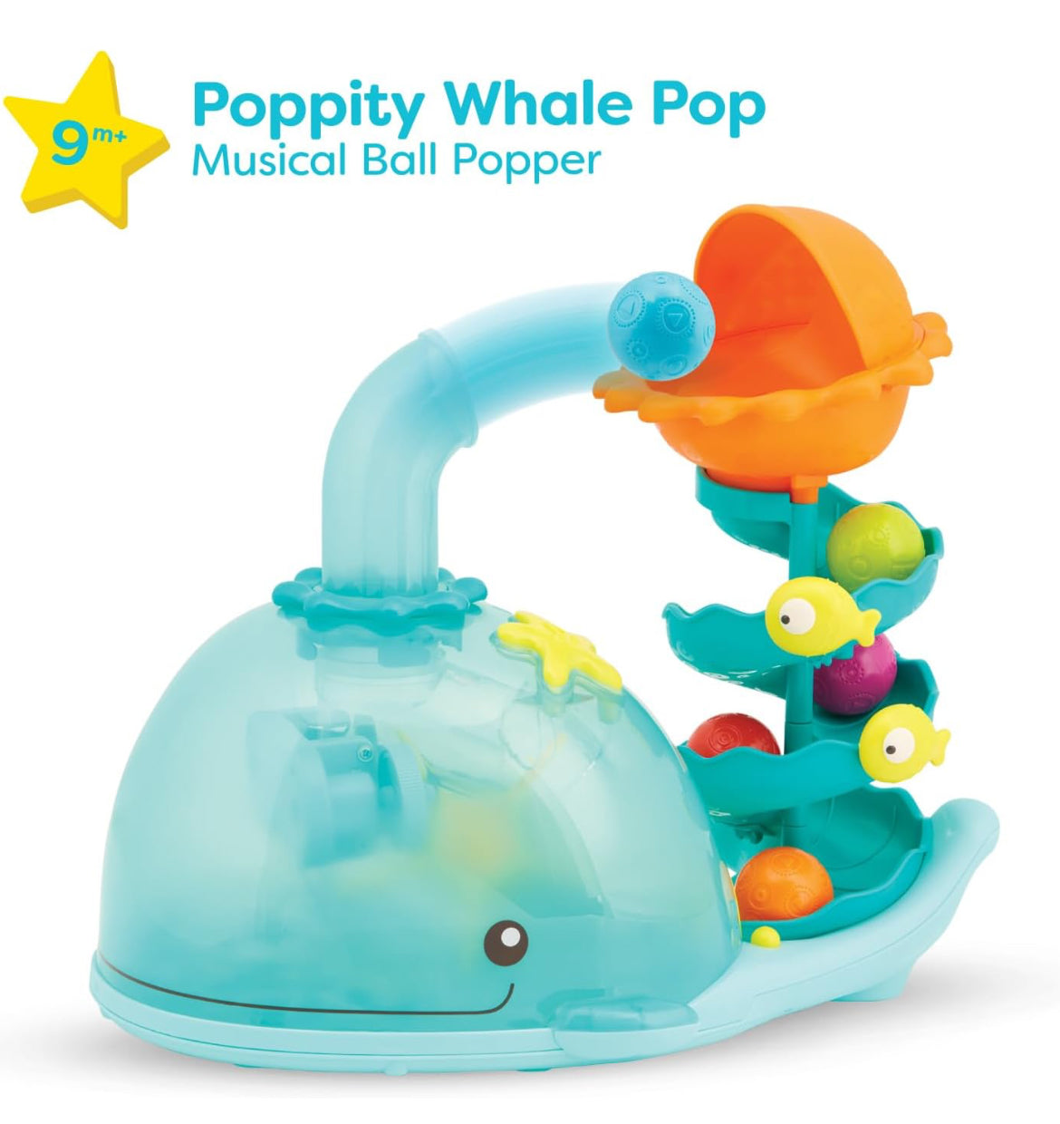 B. toys - B. play- Popper musical de ballena con luces - Desarrollo sensorial y motor fino - Juguete para bebé con 4 bolas - Bebés, niños pequeños, ballena amapola- 9 meses +