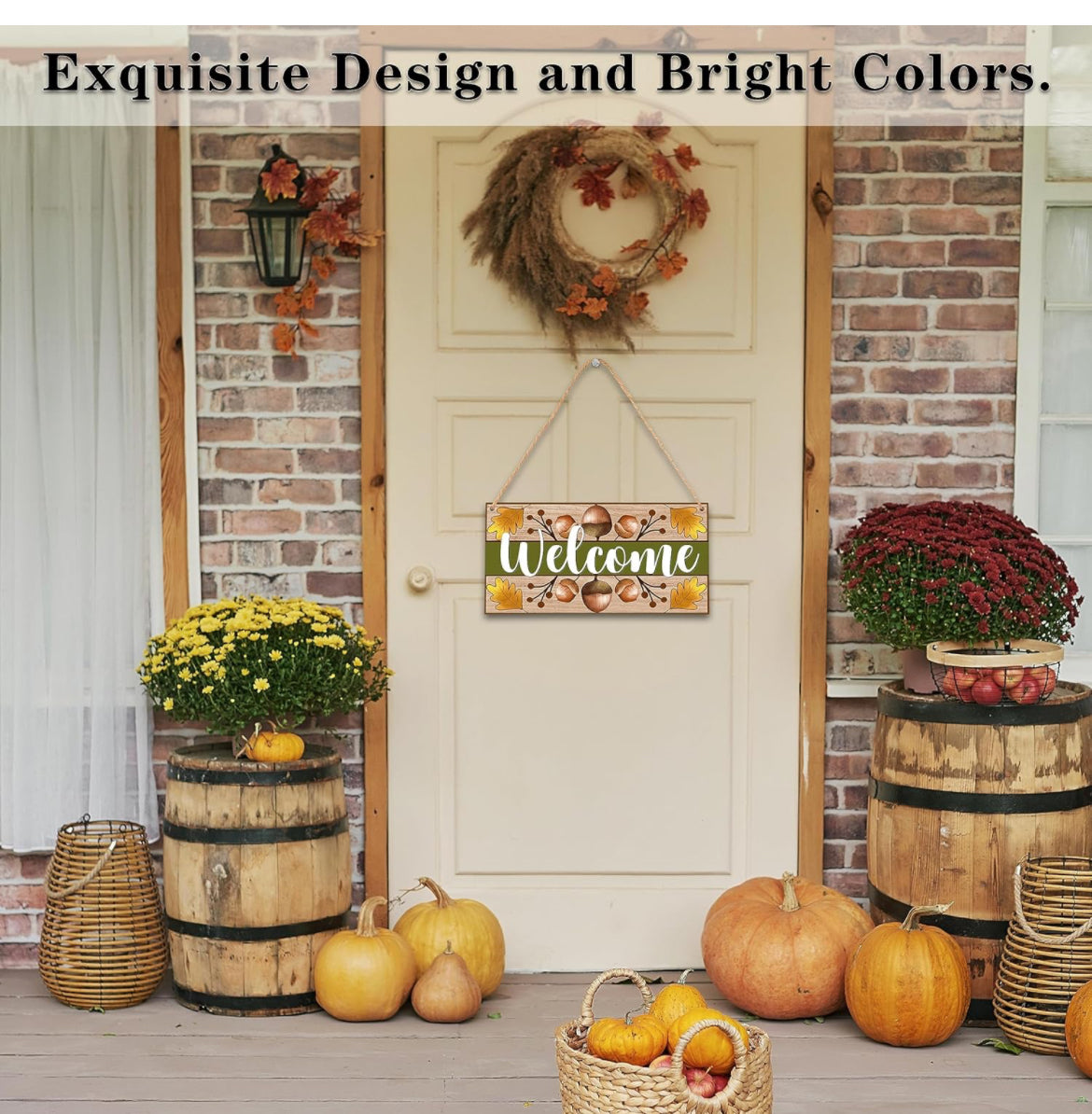 Letrero de bienvenida para puerta delantera exterior, decoración de otoño, arte de pared, letrero colgante, placa colgante de nueces de otoño, colgador de puerta para porche al aire libre hogar