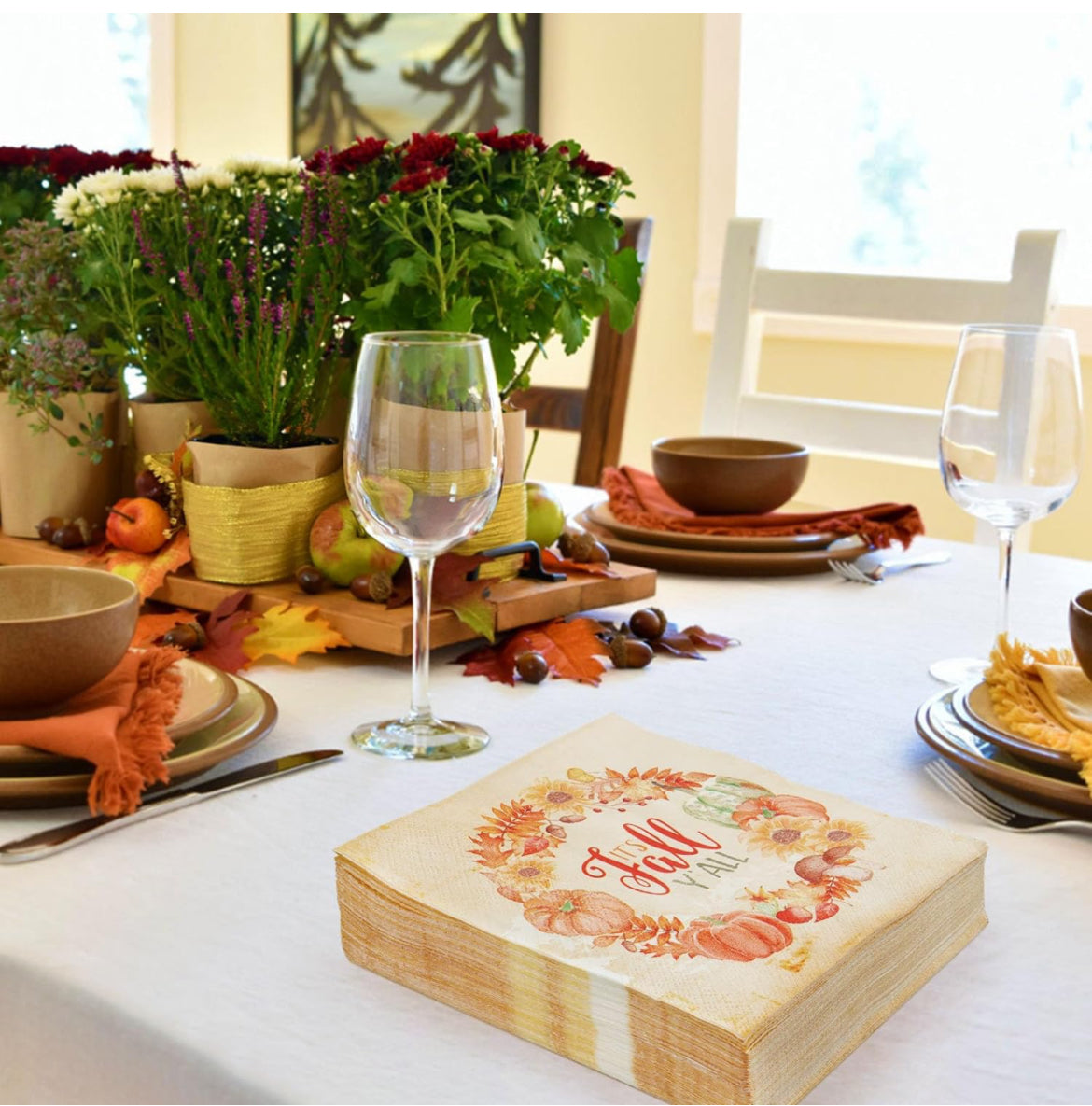 Homlouue 100 servilletas de otoño, 3 capas de corona de otoño con texto en inglés "It's Fall Y'all", servilletas de papel de Acción de Gracias, servilletas desechables de hojas de calabazas para decoraciones de Acción de Gracias, decoración de cena