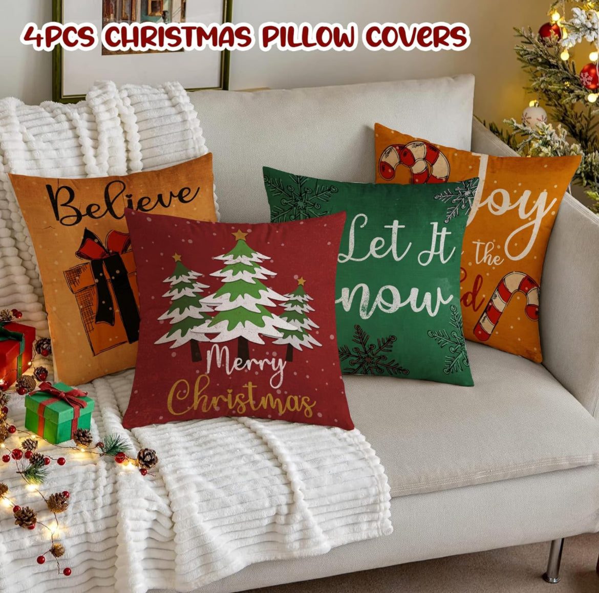Juego de 4 fundas de almohada de Navidad de 18 x 18 pulgadas, fundas de almohada de invierno, fundas de almohada decorativas de Navidad