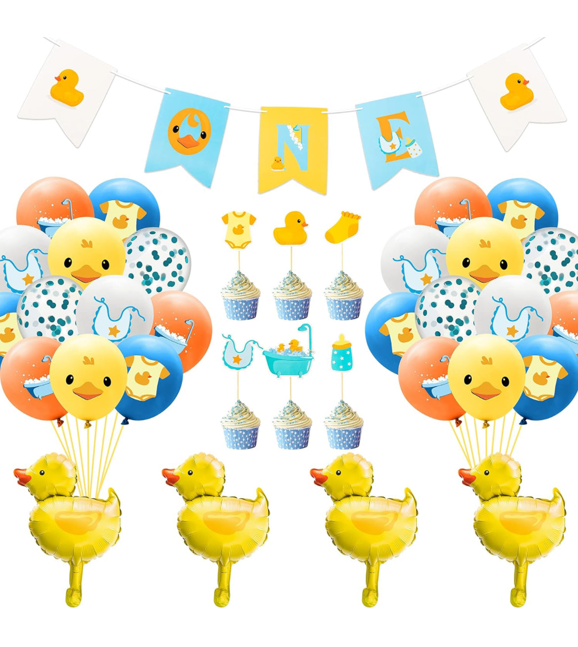 Kit de decoración de globos de pato amarillo, 37 unidades, una pancarta colgante de 12 pulgadas, globo de látex azul, amarillo y blanco, globos de papel de aluminio de pato amarillo, decoración de pastel para niños, primer cumpleaños, recién nacido, baby