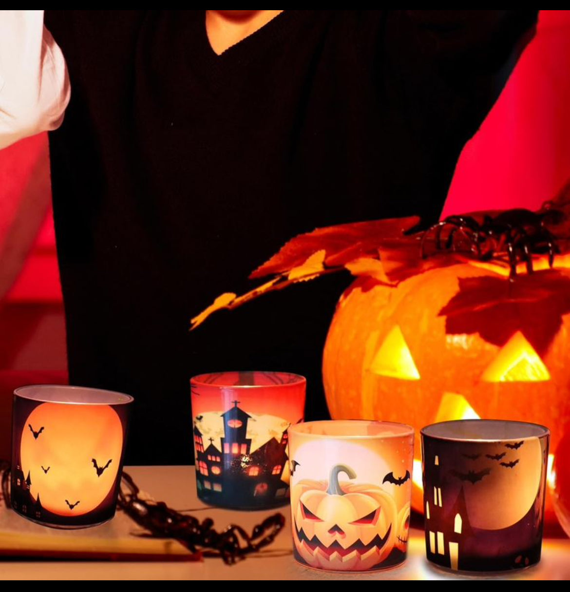 Portavelas de Halloween 4PCS, SHMILMH Portavelas votivas de vidrio Telarros de velas para centros de mesa de Halloween, chimenea, repisa