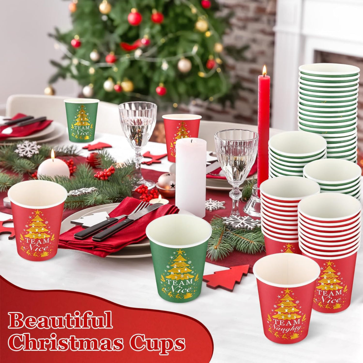 300 vasos de papel de Navidad, vasos de café desechables de Navidad, suministros de fiesta para bebidas calientes y frías, decoración de tazas de café rojo y verde (9 onzas)