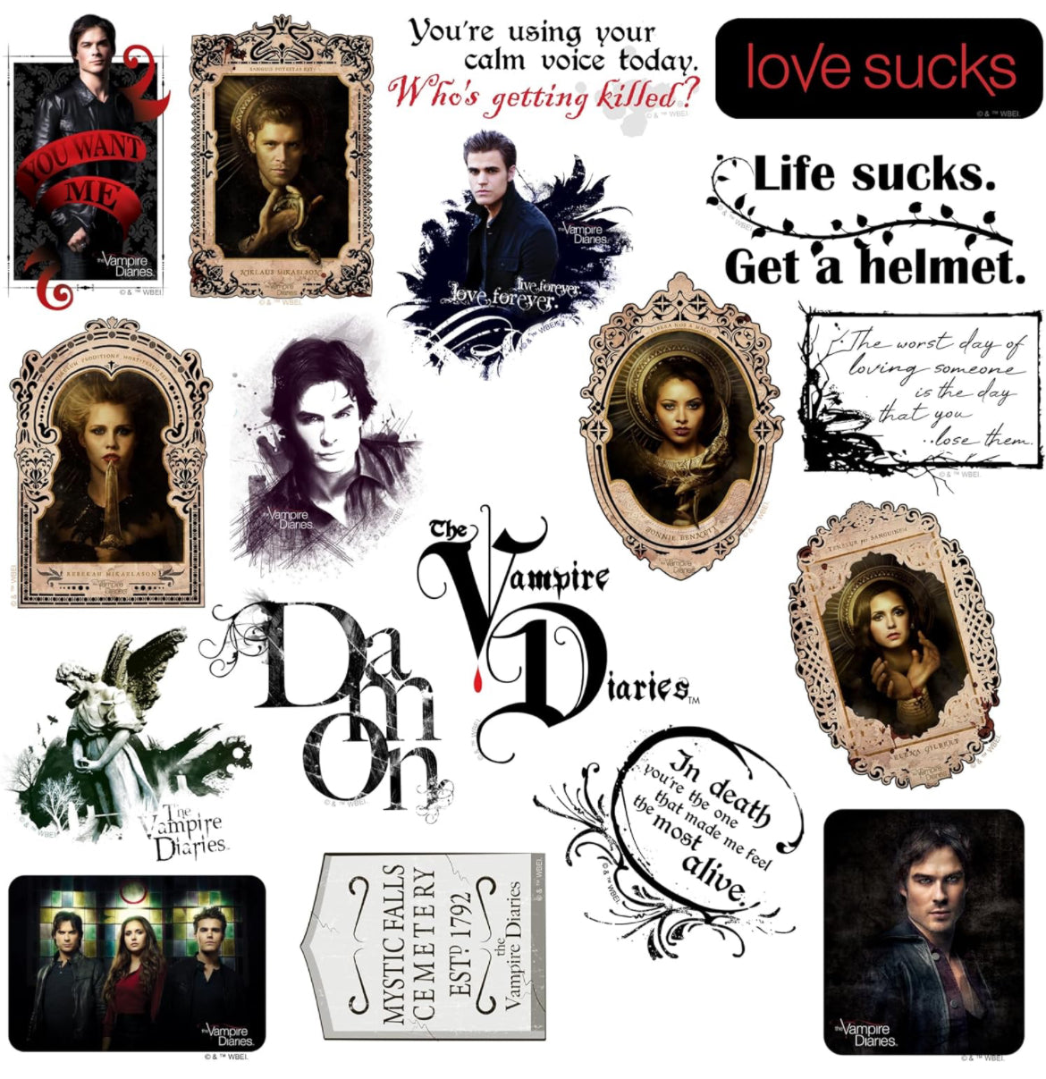 The Vampire Diaries - Paquete variado de calcomanías grandes de vinilo de 50 quilates, para laptop, botella de agua, álbumes de recortes, tableta, monopatín, interior/exterior