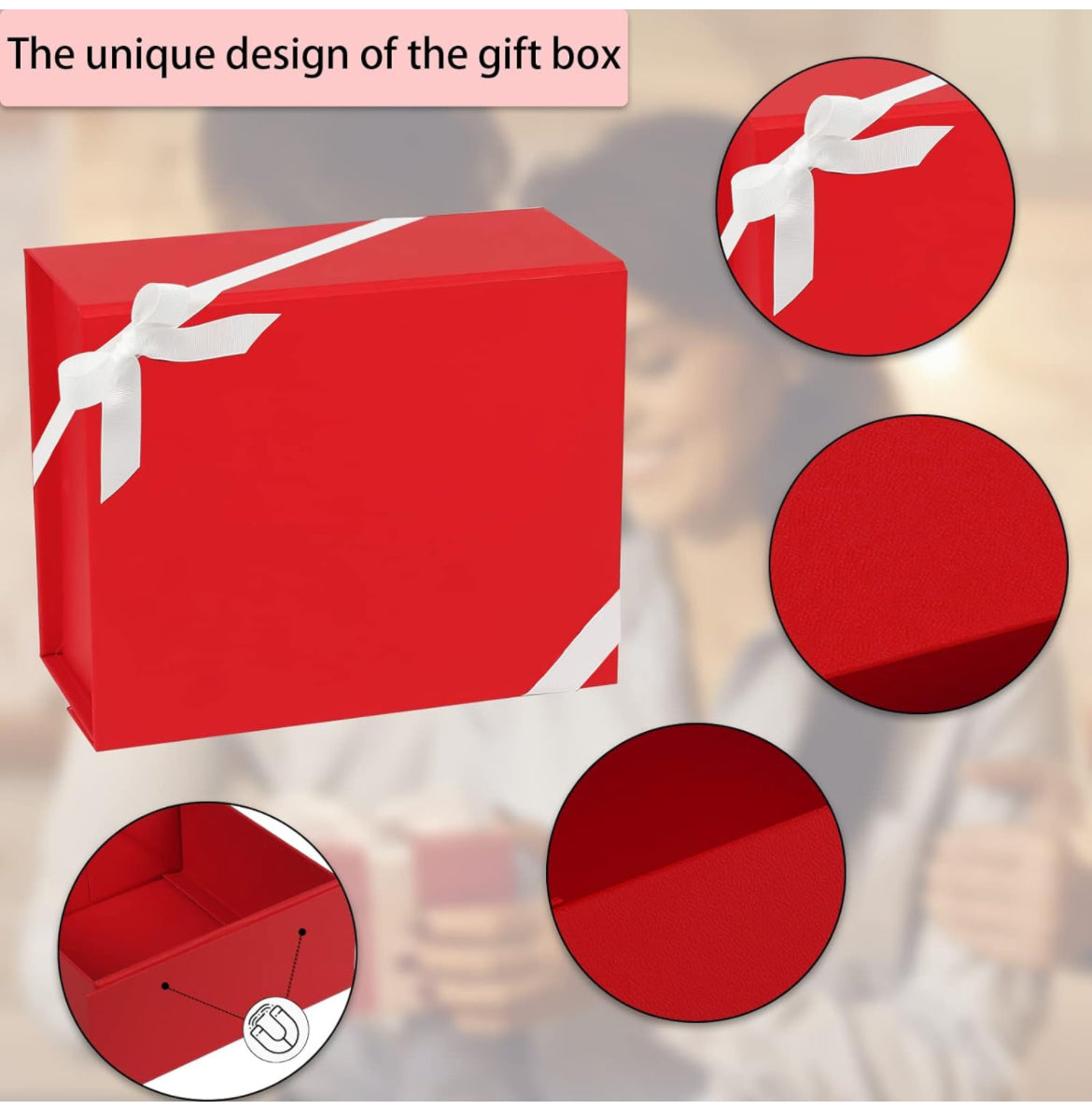 Paquete de 2 cajas de regalo rojas de 7.4 x 7 x 3 pulgadas, cajas de regalo pequeñas con tapas magnéticas y cinta