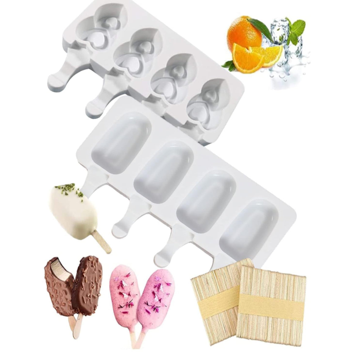 Ouddy Life Moldes de paletas Juego de 2, moldes de helado de silicona Molde de helado de 4 cavidades Molde con 100 palos de madera para paletas de bricolaje+ bolsas y alambres dorados , moldes blancos