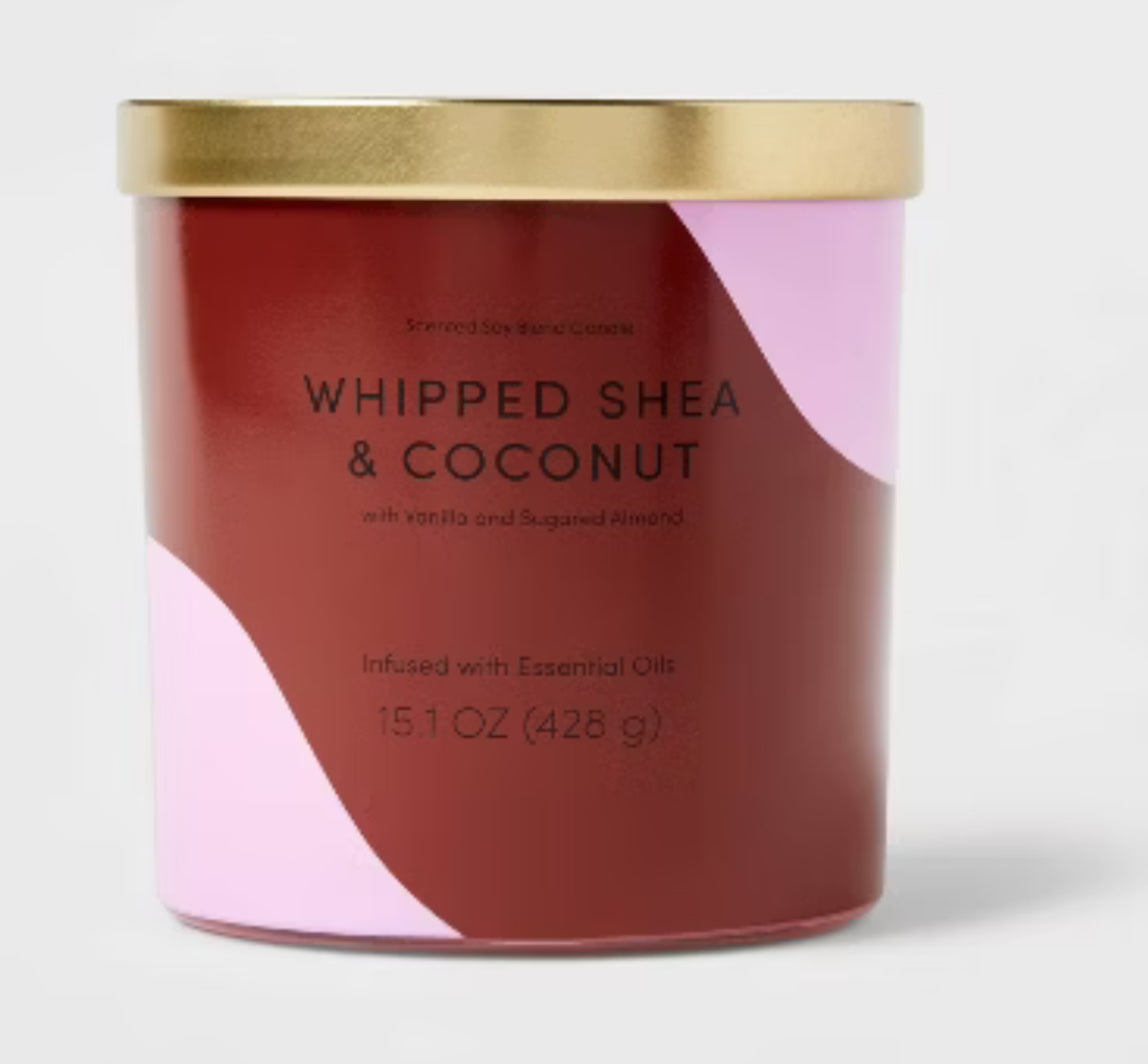 Vela de 2 mechas de 15,1 oz, bloque de color, obra de arte, karité batido y coco, púrpura/marrón - Opalhouse™