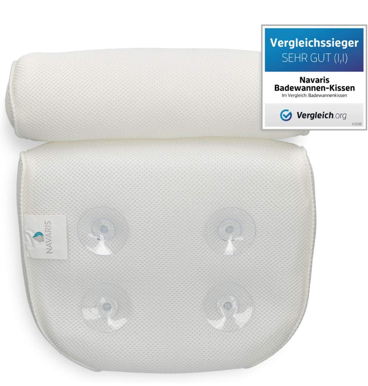 Navaris Almohada de baño grande antideslizante para cabeza cuello hombros - Jacuzzi Home Spa Relajación 4 ventosas Eco-tex Standard 100 - Blanco